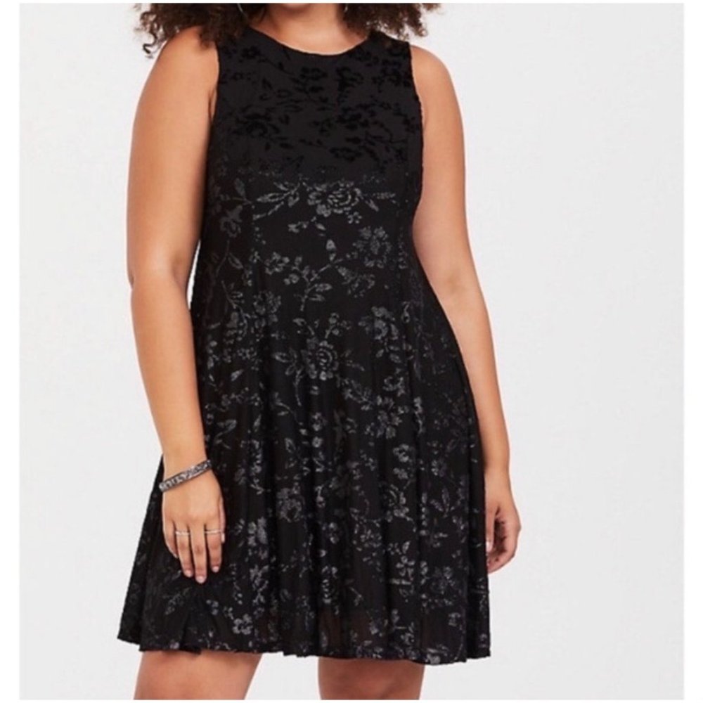 Torrid Black Shiny Velvet Floral High Neck Sleeveless Swing Dress